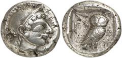 GRIECHEN ATTIKA ATHEN Tetradrachme (17,33g). Um 500 - 480 v. Chr. Vs.: Kopf der Athena mit attischem Helm n. r. Rs.: AΘE, Eule und Olivenzweig. Svoronos Taf. 5, 29 ff.; Seltman Taf. XVII, Gruppe M. ss