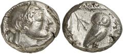 GRIECHEN ATTIKA ATHEN Tetradrachme (17,11g). Um 500 - 480 v. Chr. Vs.: Kopf der Athena mit attischem Helm n. r. Rs.: AΘE, Eule und Olivenzweig. Seltman Taf. IX, Gruppe Gi. Gutes ss