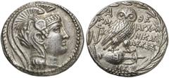GRIECHEN ATTIKA ATHEN Tetradrachme des Neuen Stils (16,79g). 134/33 v. Chr. Vs.: Athenakopf im attischen Helm mit dreifacher Helmzier, verziert mit Ranke, Pegasos und vier Pferdeprotomen n. r. Rs.: A-