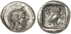 GRIECHEN ATTIKA ATHEN Drachme (4,26g). 500 - 490 v. Chr. Vs.: Kopf der Athena im attischen Helm mit gestricheltem Helmbusch n. r. Rs.: AΘE, Eule im Qadratum incusum n. r. stehend, l. oben Ölbaumzweig 