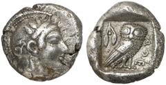 GRIECHEN ATTIKA ATHEN Drachme (4,25g). 479 - 393 v. Chr. Vs.: Kopf der Athena mit attischem Helm u. Lorbeerkranz n. r. Rs.: AΘE, Eule u. Olivenzweig. Svoronos Taf. 9, 21 ff.; SNG Cop. 41­43. Zarte Tön