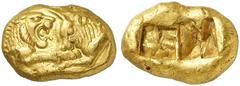 GRIECHEN KÖNIGREICH LYDIEN Kroisos, 561 - 546 v. Chr. Stater, leichter Standard (8,06g). Mzst. Sardeis. Vs.: Vorderteile von Löwe und Stier einander gegenüber liegend. Rs.: Zwei quadratische Incusa mi