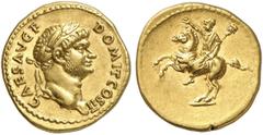 RÖMER RÖMISCHE KAISERZEIT Domitian als Caesar, 69 - 81 n. Chr. Aureus (7,28g). 73 n. Chr. Mzst. Rom. Vs.: CAES AVG F DOMIT COS II, bärtiger Kopf mit Lorbeerkranz n.r. Rs.: Domitian mit erhobener Recht