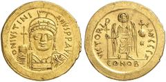 BYZANZ Iustinian I., 527 - 565 n. Chr. Solidus (4,46g). 552 - 565 n. Chr. Mzst. in Sizilien. Vs.: D N IVSTINI-ANVS PP AVG, frontale Panzerbüste mit Helm, Perlendiadem, Schild u. Kreuzglobus. Rs.: VICT
