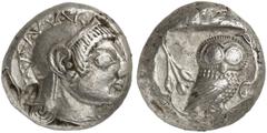 GRIECHEN ATTIKA ATHEN Tetradrachme (16,91g). Um 500 - 490 v. Chr. Vs.: Kopf der Athena mit attischem Helm n. r. Rs.: AΘE, Eule und Oli­venzweig. Svoronos Taf. 4; Seltman Taf. VII­VIII, Gruppe Gi. ss/v