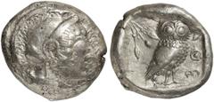 GRIECHEN ATTIKA ATHEN Tetradrachme (17,25g). Um 500 - 490 v. Chr. Vs.: Kopf der Athena mit attischem Helm n. r. Rs.: AΘE, Eule und Oli­venzweig. Svoronos Taf. 4; Seltman Taf. VII­VIII, Gruppe Gi. ss