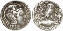 GRIECHEN ATTIKA ATHEN Tetradrachme des Neuen Stils (16,56g). 115/114 v. Chr. Vs.: Kopf der Athena mit attischem Helm n. r. Rs.: A-ΘE, Eule auf Amphora, Beamte: MHT/ΡOΔΩΡ/OΣ / ΔH/MOΣ/ΘE / AΡIΣ/TOΔH, au