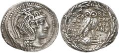 GRIECHEN ATTIKA ATHEN Tetradrachme des Neuen Stils (16,45g). 106/105 v. Chr. Vs.: Kopf der Athena mit attischem Helm nach r. Rs.: A-ΘE, Eule auf Amphora, Beamte: ΘEO/ΔO/TOΣ / KΛE/O ΦA/NHΣ / MOΥ/ΣAΓ, a