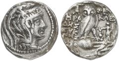 GRIECHEN ATTIKA ATHEN Drachme (4,07g). 107/106 v. Chr. Vs.: Kopf der Athena mit attischem Helm n. r. Rs.: A-ΘE, Eule auf Amphora, Beam­te: HΡA-KΛEI/ΔHΣ / EΥK/ΛHΣ / ΔIOΓ, auf der Amphora K. Thompson 75