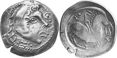 KELTEN MITTLERE UND UNTERE DONAU Nachahmungen der Tetradrachmen und Teilstücke Philipps II. Objekt-Nr.: 1008 Skyphat mit Herakleskopf Tetradrachme, (11,23 g.), Vs.: Stark stilisierter Herakleskopf n. 