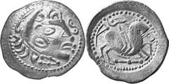 KELTEN MITTLERE UND UNTERE DONAU Nachahmungen der Tetradrachmen und Teilstücke Philipps II. Objekt-Nr.: 1010 Skyphat mit Herakleskopf Tetradrachme, (10,60 g.), Vs.: Stark stilisierter Herakleskopf n. 