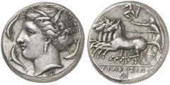 GRIECHEN SIZILIEN SYRAKUS Agathokles, 317 - 289 v. Chr. Tetradrachme (17,58g). 2. Periode, 310 - 305 v. Chr. Vs.: Kopf der Arethusa n. l., darum drei Delfine. Unten NI. Rs.: Quadriga n. l., darüber Tr