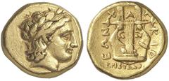 GRIECHEN MAKEDONIEN OLYNTH Für den Chalkidischen Bund, Stater (8,46g). ca. 352 - 350 v. Chr., Magistrat Eudoridas. Vs.: Kopf des Apollon mit Lorbeerkranz n. r. Rs.: X-A-Λ-KIΔ-EΩN, Kithara, darunter Be
