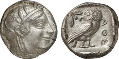 GRIECHEN ATTIKA ATHEN ● Tetradrachme (16,95g). nach 449 v. Chr. Vs.: Kopf der Athena mit attischem Helm, darauf Palmette, u. Lorbeerkranz n. r. Rs.: AΘE, Eule, Olivenzweig und Mondsichel. Svoronos Taf
