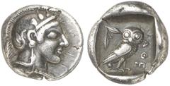 GRIECHEN ATTIKA ATHEN Drachme (4,24g). 479 - 393 v. Chr. Vs.: Kopf der Athena mit attischem Helm u. Lorbeerkranz n. r. Rs.: AΘE, Eule u. Olivenzweig. Svoronos Taf. 9, 21 ff.; SNG Cop. 41­43. R! Zarte 