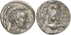 GRIECHEN ATTIKA ATHEN Tetradrachme des Neuen Stils (16,80g). 130/129 v. Chr. Vs.: Kopf der Athena mit attischem Helm nach r. Rs.: A-ΘE, Eule auf Amphora, Beamte: THE[O]/ΦΡA / ΣΩ[TAΣ]/ ΦIΛH[M], im Feld