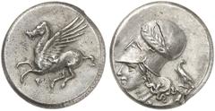 GRIECHEN KORINTH Stater (7,99g). 345 - 307 v. Chr. Vs.: Pegasos n. l. fliegend, darunter Koppa. Rs.: Kopf der Athena mit lorbeerbekränz­tem korinthischen Helm n. l., davor A, darunter P, dahinter sitz