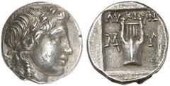 GRIECHEN LYKIEN LYKISCHER BUND Myra Drachme (2,96g). 2. Jh. v. Chr. Vs.: Apollonkopf mit Lorbeerkranz r. Rs.: ΛΥKIΩN, Kithara zwischen M - Y. Troxell Taf.5, 28 ­ 35. R! Exzel­lenter Stil, hohes Relief