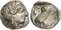 GRIECHEN ATTIKA ATHEN Tetradrachme (17,18g). Nach 449 v. Chr. Vs.: Kopf der Athena mit attischem Helm n. r. Rs.: AΘE, Eule, Olivenzweig u. Mondsichel. Svoronos Taf. 19. Scharf ausgeprägt, vz-st