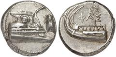 GRIECHEN LYKIEN PHASELIS Stater (10,38g). 4. Jh. v. Chr. Vs.: Prora einer Galeere n. r. fahrend, r. im Feld Zikade, die Verschanzung mit einem Gorgonenkopf geschmückt. Rs.: ΦAΣ, Heck einer Galeere mit