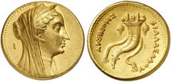 GRIECHEN ÄGYPTEN KÖNIGREICH DER PTOLEMÄER Ptolemaios II. Philadelphos, 283 - 246 v. Chr., für Arsinoe II. AV-Oktodrachme (27,71g). 253 - 246 v. Chr. Mzst. Alexandria. Vs.: Verschleierter Kopf der Arsi