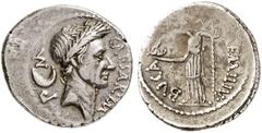 RÖMER RÖMISCHE REPUBLIK RÖMISCHE REPUBLIK NACH 211 V. CHR L. Aemilius Buca und C. Iulius Caesar, 44 v. Chr. Denar (3,05g). Mzst. Rom. Vs.: CAESAR IMP, bekränzter Kopf des Caesar n. r., dahinter P, Hal