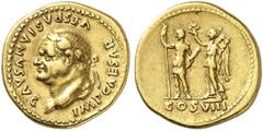 RÖMER RÖMISCHE KAISERZEIT Vespasian, 69 - 79 n. Chr. Aureus (7,29g). 77 - 78 n. Chr. Mzst. Rom. Vs.: IMP CAESAR VESPASIANVS AVG, Kopf mit Lorbeerkranz n. l. Rs.: COS VIII, Vespasian mit Speer u. Paraz