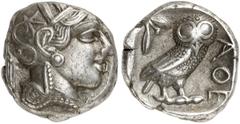 GRIECHEN ATTIKA ATHEN Tetradrachme (17,04g). Ca. 440 - 407 v. Chr. Vs.: Kopf der Athena mit verziertem, bekränzten attischen Helm n. r. Rs.: AΘE, Eule steht n. r., Kopf in Vorderansicht, im Feld links