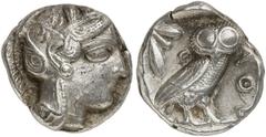 GRIECHEN ATTIKA ATHEN Tetradrachme (17,14g). Ca. 440 - 407 v. Chr. Vs.: Kopf der Athena mit verziertem, bekränzten attischen Helm n. r. Rs.: AΘE, Eule steht n. r., Kopf in Vorderansicht, im Feld links