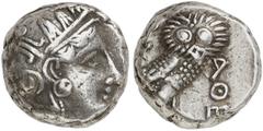 GRIECHEN ATTIKA ATHEN Tetradrachme (17,15g). 4. Jh. v. Chr. Vs.: Kopf der Athena (mit seitlich gesehenem Auge) mit attischem Helm n. r. Rs.: AQE, Eule, Olivenzweig und Mondsichel. Svoronos Taf. 19 f.;