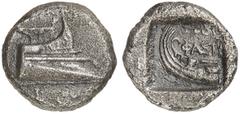 GRIECHEN LYKIEN PHASELIS 1/4 Stater (2,34g). Nach 411 v. Chr. Vs.: Schiffsbug n. r. Rs.: Schiffsheck n. l., darüber ΦAΣH. Heipp-Tamer Taf.4.73 (stgl.). Dunkle Tönung, ss