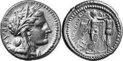 GRIECHEN SIZILIEN SYRAKUS Objekt-Nr.: 77 Agathokles, 317 - 289 v.Chr. Tetradrachme, (17,11 g.), 3. Periode, ca. 305 - 295 v.Chr. Mzst. in Afrika(?) Vs.: AGAQOKLEIOS, Kopf der Kore n. r. Rs.: Nike erri