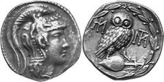 GRIECHEN ATTIKA Athen Objekt-Nr.: 178 Tetradrachme des Neuen Stils (15,98 g.), 86 - 84 v. Chr. Vs.: Kopf der Athena mit attischem Helm nach r. Rs.: A-QE, Eule auf Amphora zwischen zwei Monogrammen. Th
