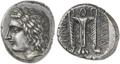 GRIECHEN ILLYRIEN DAMASTION. Tetradrachme (13,61g). ca. 380 - 365/60v.Chr. Vs.: Kopf des Apollon mit Lorbeerkranz n. l. Rs.: Dreifuß mit diagonal gestreiften Füßen. Seitlich ΔAMAΣ/TINΩ[N]. HGC 84; May