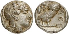 GRIECHEN ATTIKA ATHEN. Tetradrachme (17,14g). Ca. 454 - 404 v. Chr. Vs.: Kopf der Athena mit verziertem, bekränzten attischen Helm n. r. Rs.: AΘE, Eule steht n. r., Kopf in Vorderansicht, im Feld link