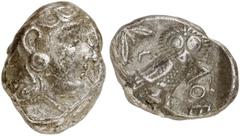 GRIECHEN ATTIKA ATHEN. Tetradrachme (17,10g). ca. 286/5 - 280/67 v. Chr. Vs.: Kopf der Athena mit attischem Helm u. Lorbeerkranz n. r. Rs.: AΘE, Eule u. Olivenzweig. SNG Cop. 64; Kroll 22; HGC 4, 1600
