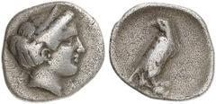 GRIECHEN PELOPONNES ELIS. Hemidrachme (2,56g). Ca. 350er - 324 v. Chr. Vs.: F-A, Kopf der Hera n. r. Rs.: Adler n. r., Kopf n. l. BCD Olympia, 331,9 (Diese Münze!) BCD plate coin! ss Ex CNG 105, 2005,