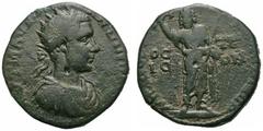 RÖMISCHE PROVINZIALPRÄGUNGEN MOESIA INFERIOR NIKOPOLIS Elagabal, 218 - 222 n. Chr. AE (10,43g). D. Buste radié d'Elagabale à dr. , avec cuirasse et paludamentum. R. Sarapis debout de face, coiffé du c