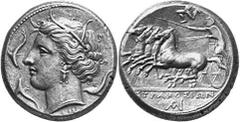 SIZILIEN SYRAKUS Objekt-Nr.: 26 Agathokles, 317 - 289 v. Chr. Tetradrachme, (17,13 g.), 2. Periode, ca. 310 - 305 v. Chr. Vs.: Kopf der Arethusa n. l. umgeben von drei Delfinen, unten NK. Rs.: Quadrig
