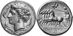 SIZILIEN SYRAKUS Objekt-Nr.: 27 Agathokles, 317 - 289 v. Chr. Tetradrachme, (17,12 g.), 2. Periode, ca. 310 - 305 v. Chr. Vs.: Kopf der Arethusa n. l. umgeben von drei Delfinen, unten FI. Rs.: Quadrig