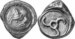 LYKIEN UNBESTIMMTER DYNAST Objekt-Nr.: 128 Stater (9,89 g.), 460 / 440 v. Chr. Mzst. unbestimmt. Vs.: Nach l. abhebender Pegasos auf Rundschild. Darunter Punkt. Rs.: Triskeles in rundem Incusum. Trait