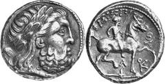 KELTEN MITTLERE UND UNTERE DONAU Nachahmungen der Tetradrachmen und Teilstücke Philipps II. Objekt-Nr.: 1013 Unmittelbare Nachprägungen Tetradrachme, (11,64 g.), Vs.: Zeuskopf r. Rs.: FILIIPPOU, Reite