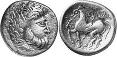KELTEN MITTLERE UND UNTERE DONAU Nachahmungen der Tetradrachmen und Teilstücke Philipps II. Objekt-Nr.: 1018 Mit liegendem Achter Tetradrachme, (13,41 g.), Vs.: Stilisierter Zeuskopf mit spitzovalen H