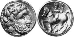 KELTEN MITTLERE UND UNTERE DONAU Nachahmungen der Tetradrachmen und Teilstücke Philipps II. Objekt-Nr.: 1023 Zweigarm. Tetradrachme, (12,47 g.), Rs.: Stilisierter Zeuskopf n. r. Rs.: Stilisierter Reit