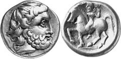 KELTEN MITTLERE UND UNTERE DONAU Nachahmungen der Tetradrachmen und Teilstücke Philipps II. Objekt-Nr.: 1024 Zweigarm. Tetradrachme, (12,67 g.), Rs.: Stilisierter Zeuskopf n. r. Rs.: Stilisierter Reit