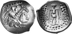 KELTEN MITTLERE UND UNTERE DONAU Nachahmungen der Tetradrachmen von Thasos Objekt-Nr.: 1030 Klasse V: Punktlegende Tetradrachme, (15,75 g.), Vs.: Sehr stark stilisierter Kopf des Dionysos n. r. Dahint