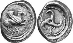 GRIECHEN LYKIEN UNBESTIMMTER DYNAST Objekt-Nr.: 1436 Stater (9,92 g.), 460 / 440 v. Chr. Vs.: Nach r. abhebender Pegasos auf Rundschild, zwischen den Beinen Zeichen. Rs.: Triskeles mit Zeichen in rund