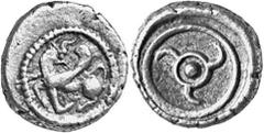 GRIECHEN LYKIEN Unbestimmt. Objekt-Nr.: 1576 1/6 Stater, (1,48 g.), Vs.: n. l. galoppierender, geflügelter Stier mit zurückgewandtem Kopf in Perlkreis. Rs.: Triskeles mit Punkt im Zentrum Vismara, Lyc