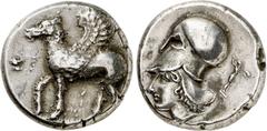 GRIECHEN KORINTH. KORINTH. Stater (8,44g). 405 - 345 v. Chr. Vs.: Pegasos n. l. laufend, darunter Koppa. Rs.: Kopf der Athena mit korinthischem Helm n. l., dahinter Statue des Poseidon. Calciati (für 