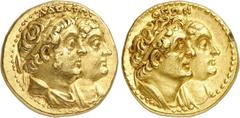 GRIECHEN NORDAFRIKA. KÖNIGREICH DER PTOLEMÄER. Ptolemaios II. Philadelphos, 283 - 246 v.Chr. AV-Tetradrachme (13,90g). Nach 265 v. Chr. Mzst. Alexandria Vs.: ΑΔΕΛΦΩΝ, die drapierten Büsten Ptolemaios'